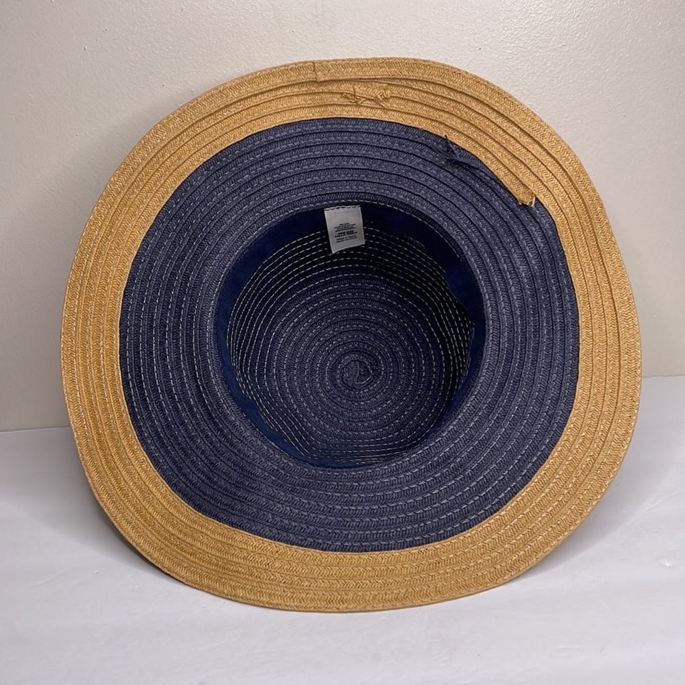 Straw Hat Blue & Tan Wide Brim Coastal Grandma Sun Beach - Picture 5 of 7